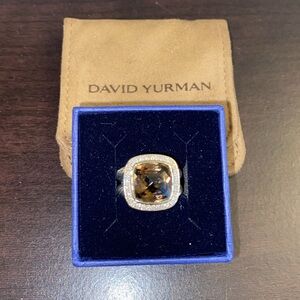 David Yurman Smoky Quartz Albion Ring Diamonds Silver 18K Yellow Gold 11MM